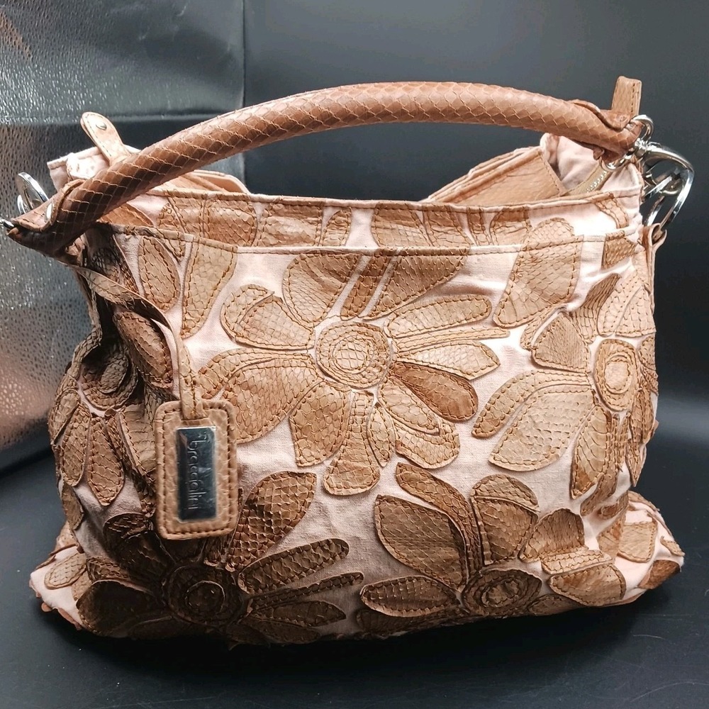 VTG rare Braccialini Genuine Leather Single handle Bag Florets Neutral Tan/ Pink